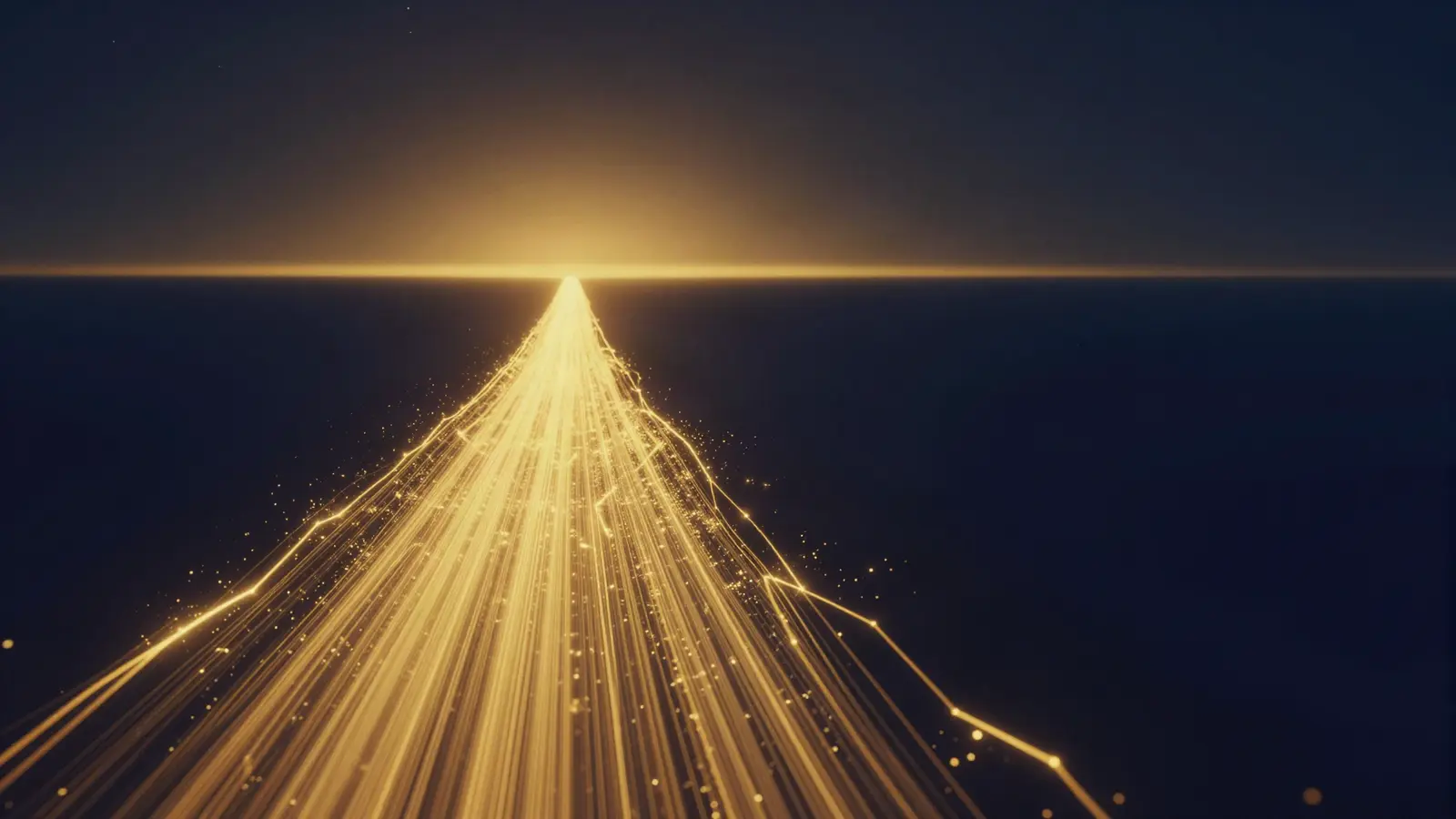 AI-generated illustration: an abstract path of gold light stretching across a deep navy landscape to a glowing horizon