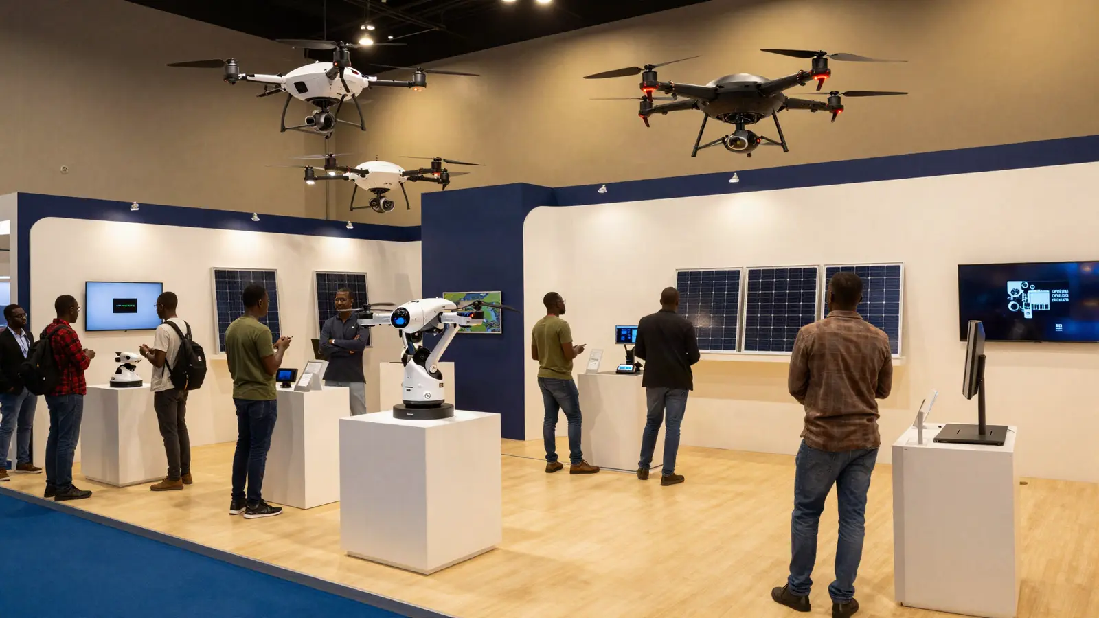 AI-generated illustration: visitors exploring a technology exhibition hall with drones overhead, a robotic arm, solar panels and demo screens