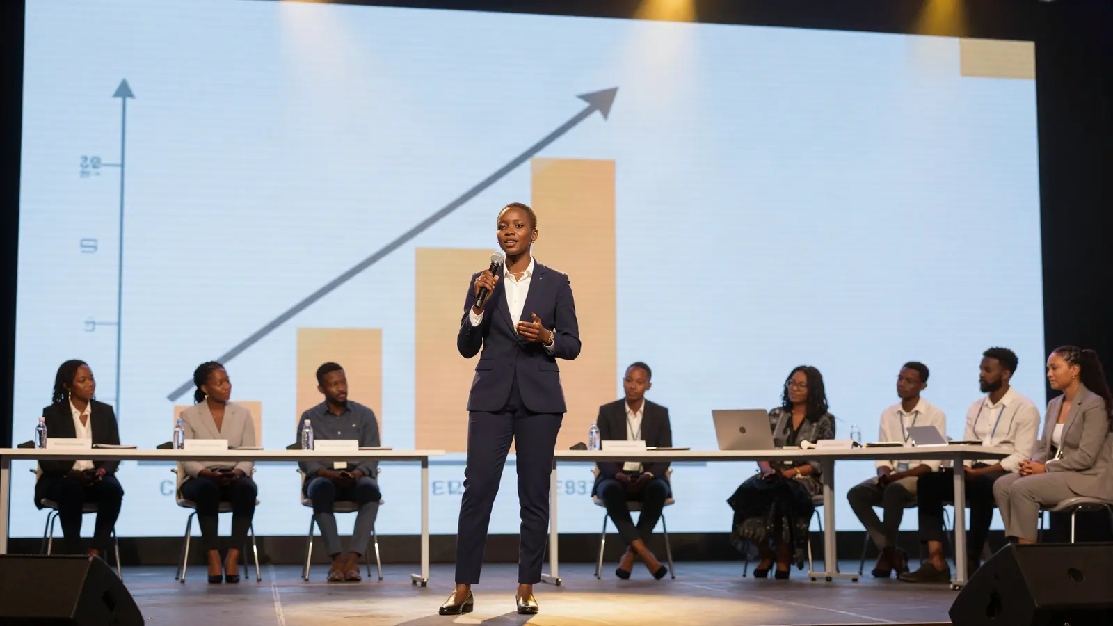 AI-generated illustration: a founder pitching on a stage with a microphone, a growth chart on the screen behind and a panel of judges seated at a long table