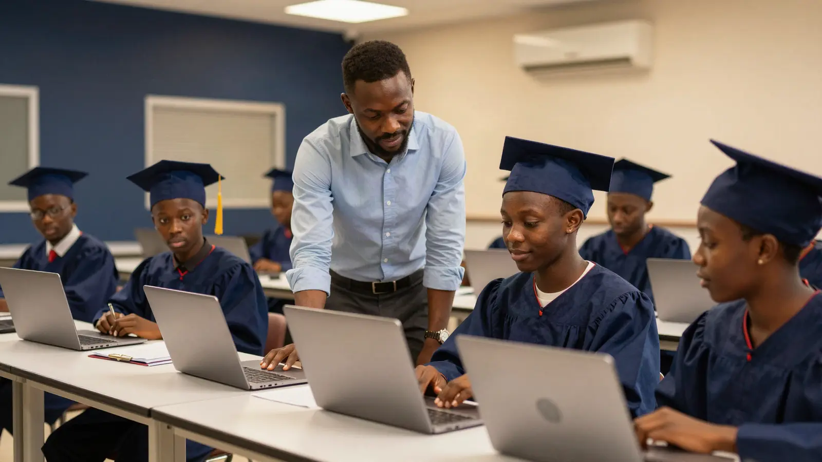 AI-generated illustration: a mentor guiding young graduates in caps and gowns as they work on laptops in a training room