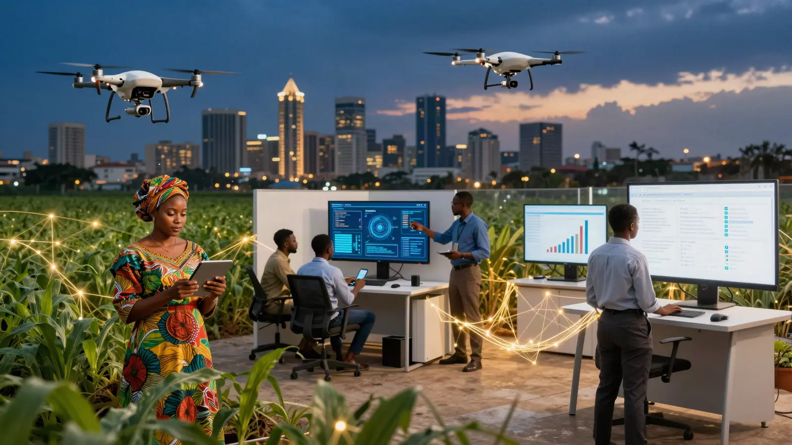 AI-generated illustration: technology at work in Lagos at dusk, a farmer reading crop data on a tablet under drones, and a team at AI and data dashboards, linked by gold data lines