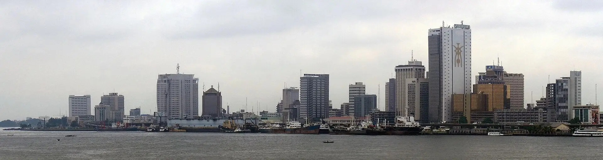 Panorama of the Lagos Island skyline across the water from the marina