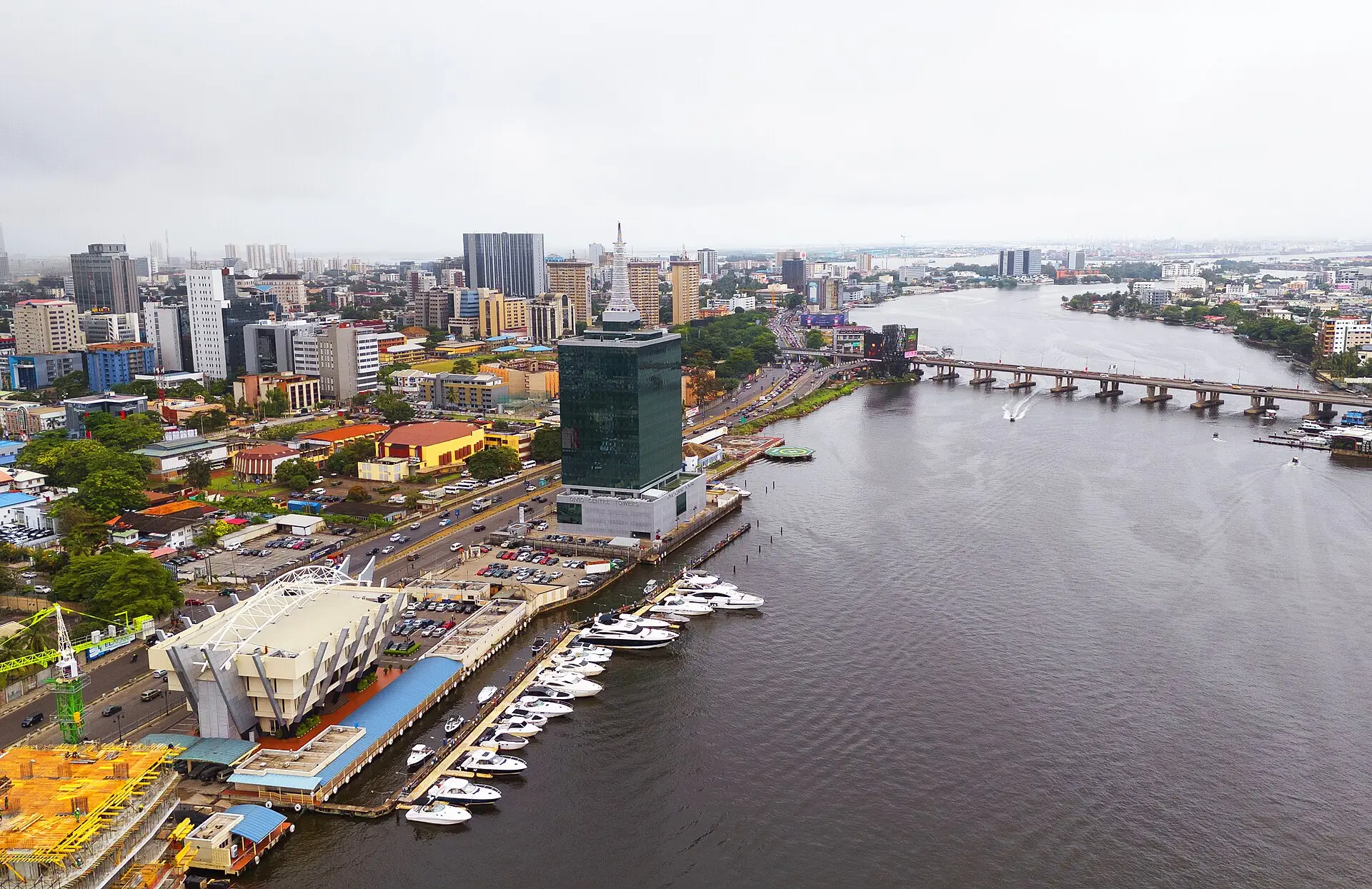 Aerial view of Victoria Island, Lagos, with the lagoon and marina