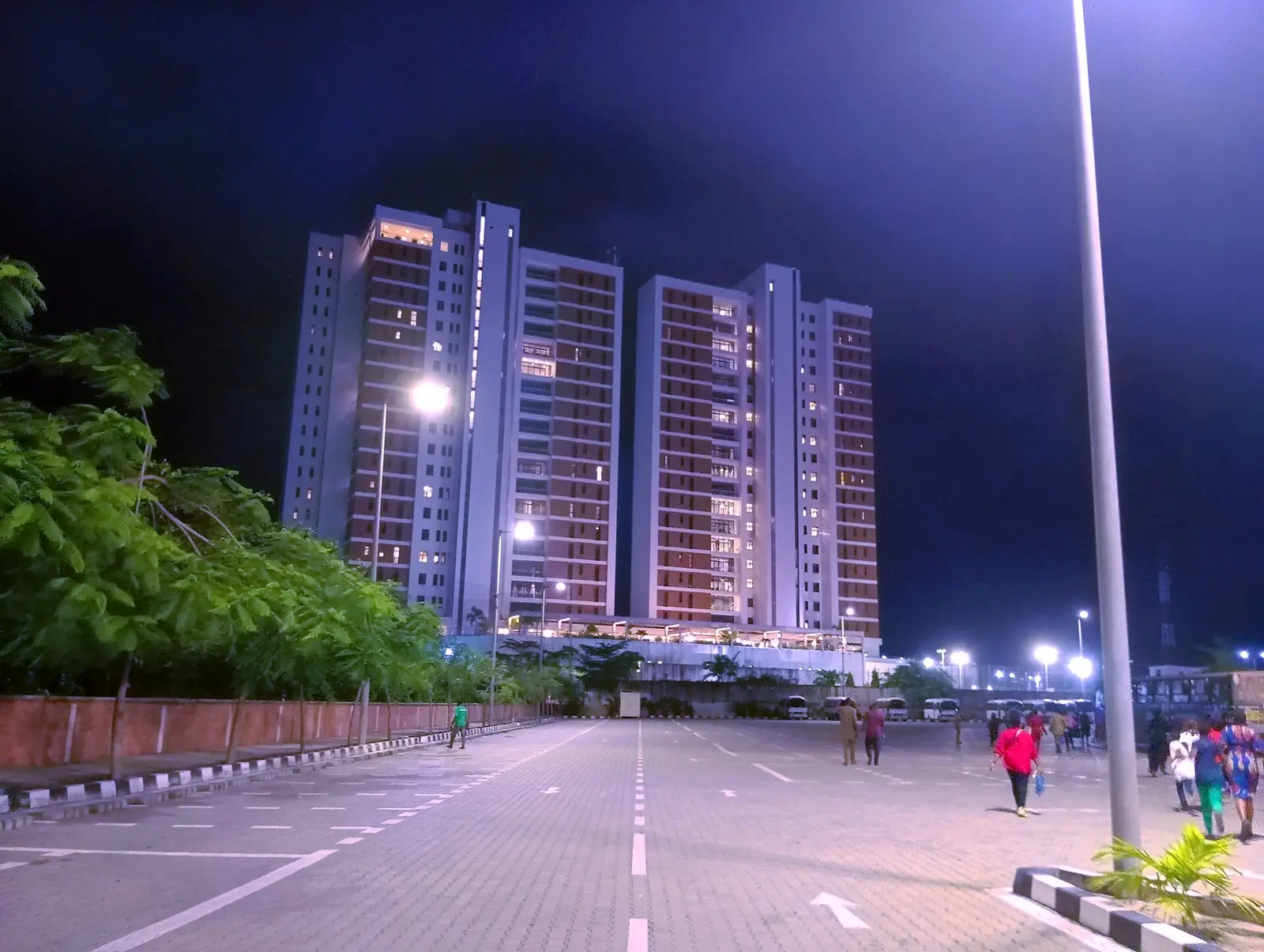 The Eko Hotel extension towers lit up at night on Victoria Island, Lagos